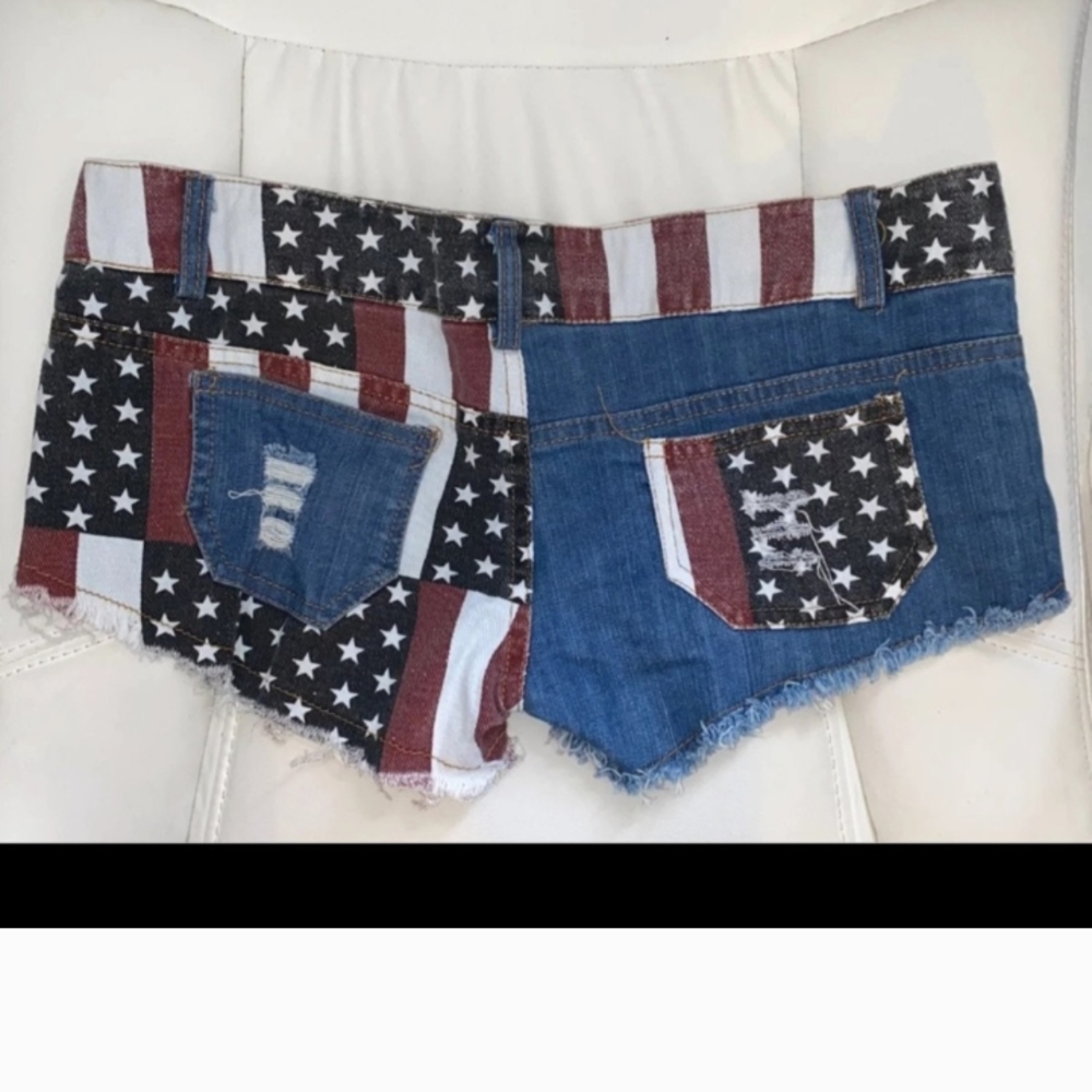 Red and White Jean Shorts with Distressed Hem
